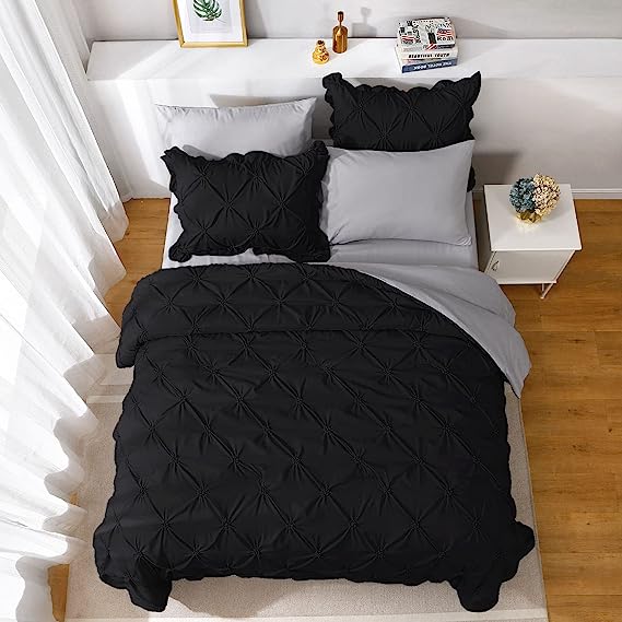 JOLLYVOGUE Queen Comforter Set - Pintuck Dark Grey 7 Piece Bed in a Bag  Comforter Queen - Bedding Set with Comforter, Sheets, Ruffled Shams 