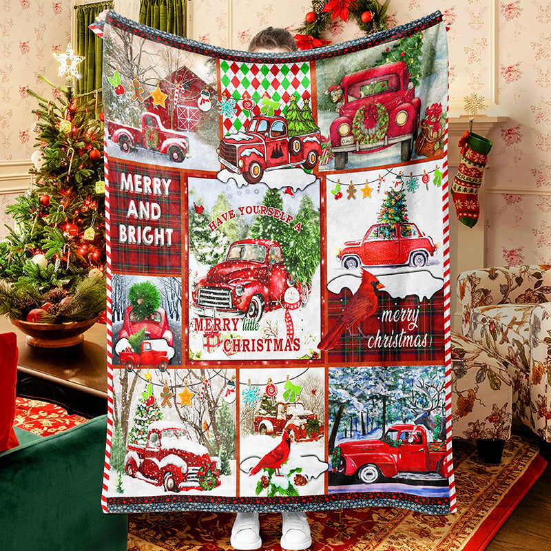 Merry Christmas Red Truck Snowing Patchwork Memorial Blanket Throw Blanket Fleece Sherpa Blanket